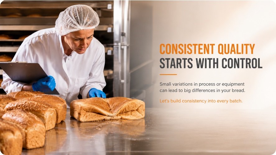 Collapsed bread loaf being inspected in a commercial bakery