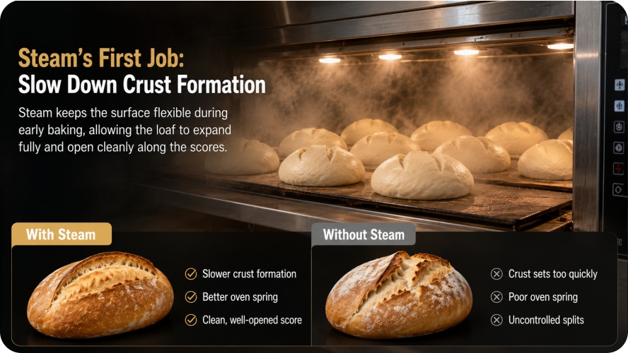 Steam keeping bread dough flexible during oven spring